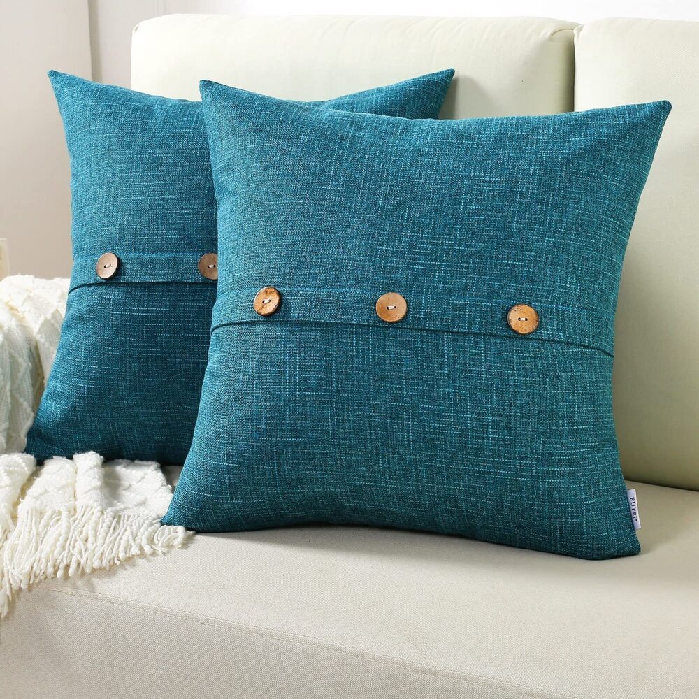6323 Teal Linen Decorative Throw Pillow Covers 16x16 Inch Set of 2, Square